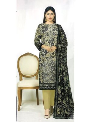 Maria B Khaddar 3 Piece Suit – Embroidered Shirt – Digital Printed Dupatta – Plain Trouser – Article YA-9106