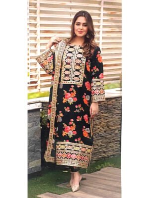 Aneela’s Collection Silk 3 Piece Suit – Digital Printed with Neck, Sleeves & Daman Patches – Ready to Wear – MY-891