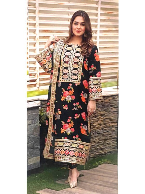 Aneela’s Collection Silk 3 Piece Suit – Digital Printed with Neck, Sleeves & Daman Patches – Ready to Wear – MY-891