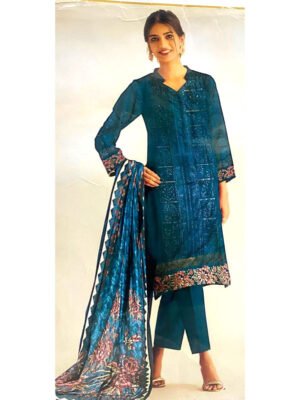 Hamda Nishat Viscose Winter Collection – Chickenkari 3 Piece Suit with Patches – Digital Printed Dupatta – AH-2795